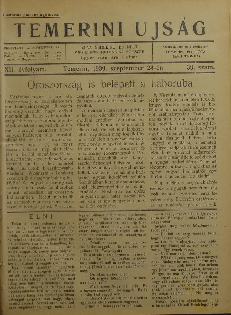 Temerini Újság 1928-1944, 12. évf. 1939. szeptember 24. 39. sz.