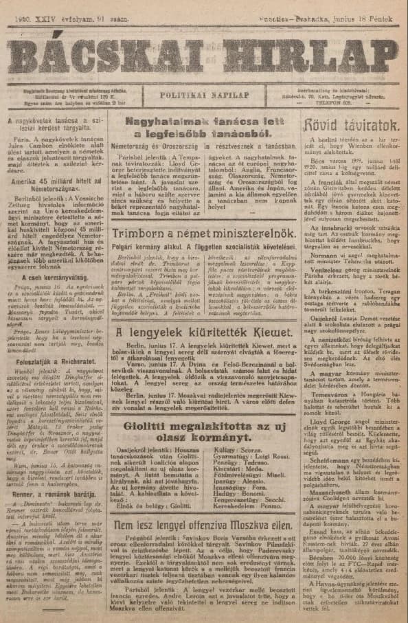 Bácskai Hirlap, 24. évf. 1920. június 18. 91. sz.