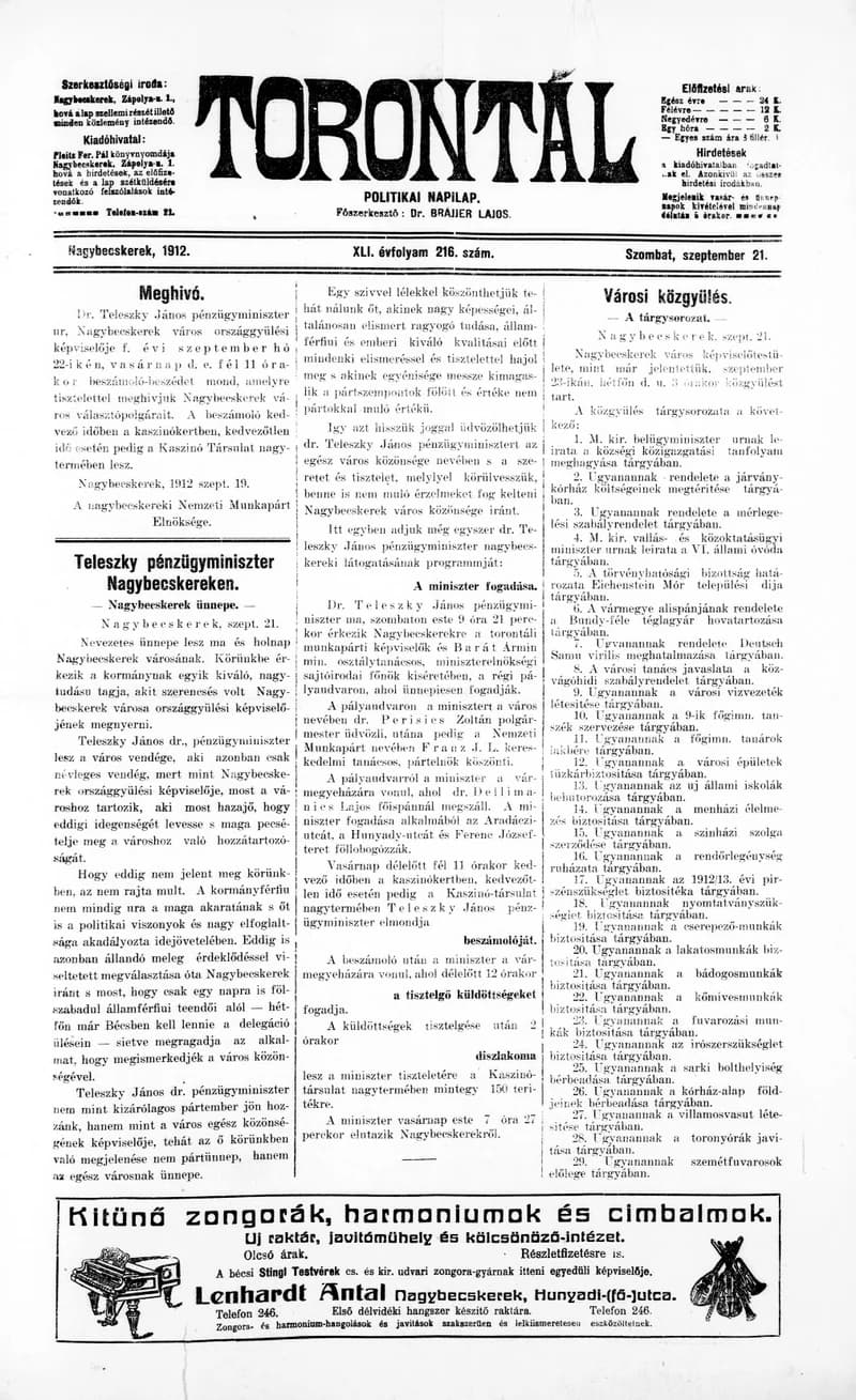 Torontál, 41. évf. 1912. szeptember 21. 216. sz.