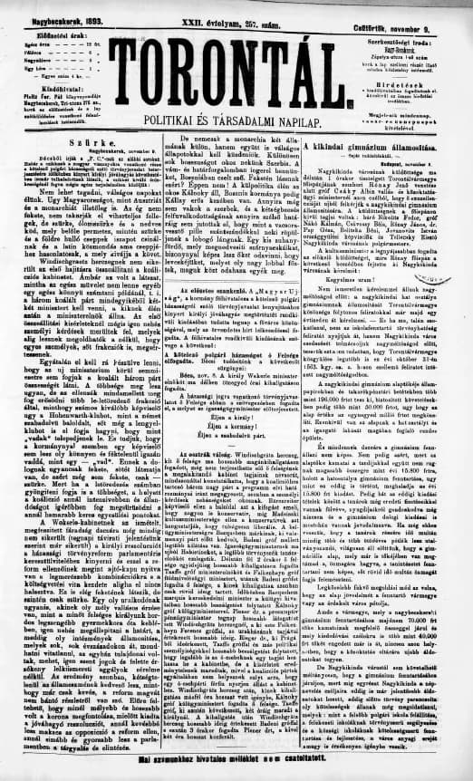 Torontál, 22. évf. 1893. november 9. 257. sz.