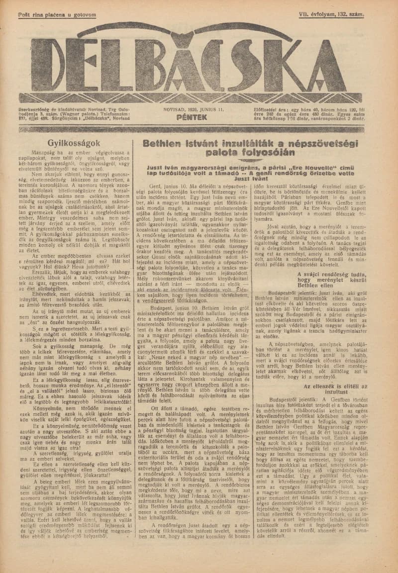 Délbácska, 7. évf. 1926. június 11. 132. sz.