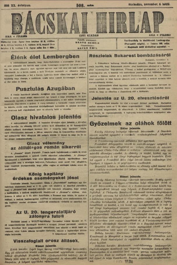 Bácskai Hirlap, 20. évf. 1916. november 6. 508. sz.