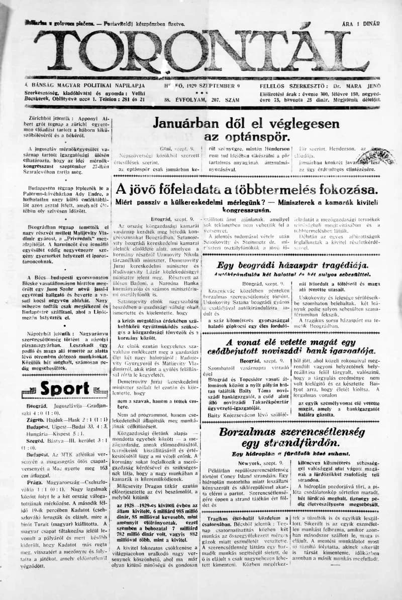 Torontál, 58. évf. 1929. szeptember 9. 207. sz.