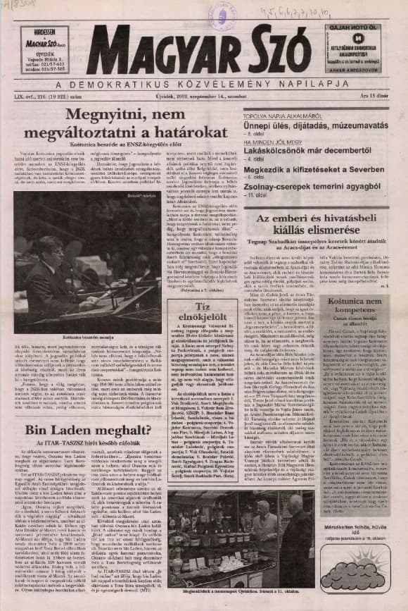 Magyar Szó, 59. évf. 2002. szeptember 14. 216. sz. 1–16. oldal