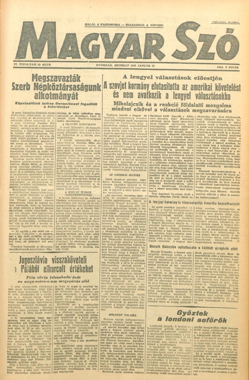 Magyar Szó, 4. évf. 1947. január 18. 15. sz. 1–6. oldal