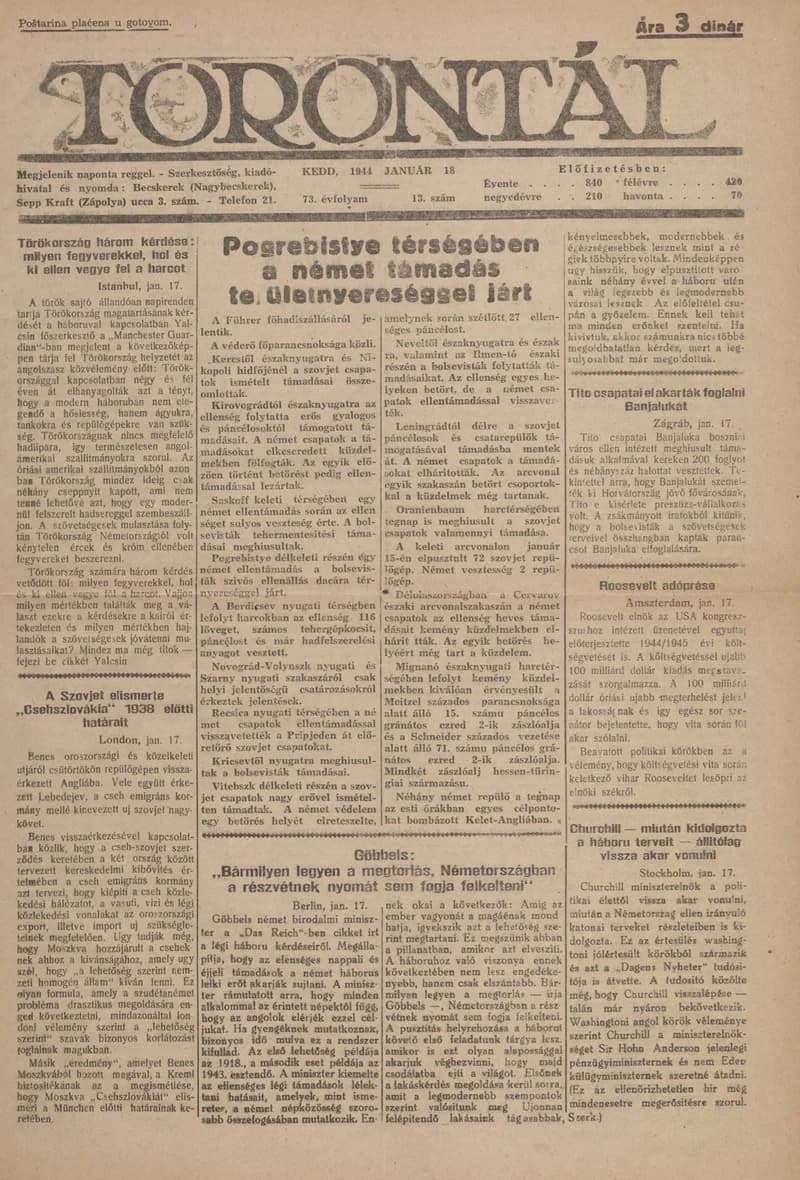 Torontál, 73. évf. 1944. január 18. 13. sz.