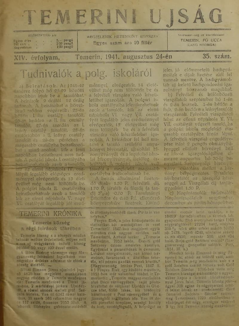 Temerini Újság 1928-1944, 14. évf. 1941. augusztus 24. 35. sz.