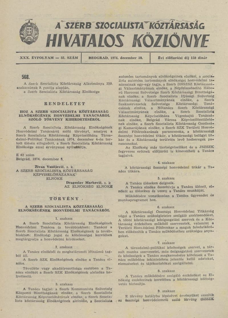 A Szerb Szocialista Köztársaság Hivatalos Közlönye, 30. évf. 1974. december 30. 52. sz. 1921–1960. oldal