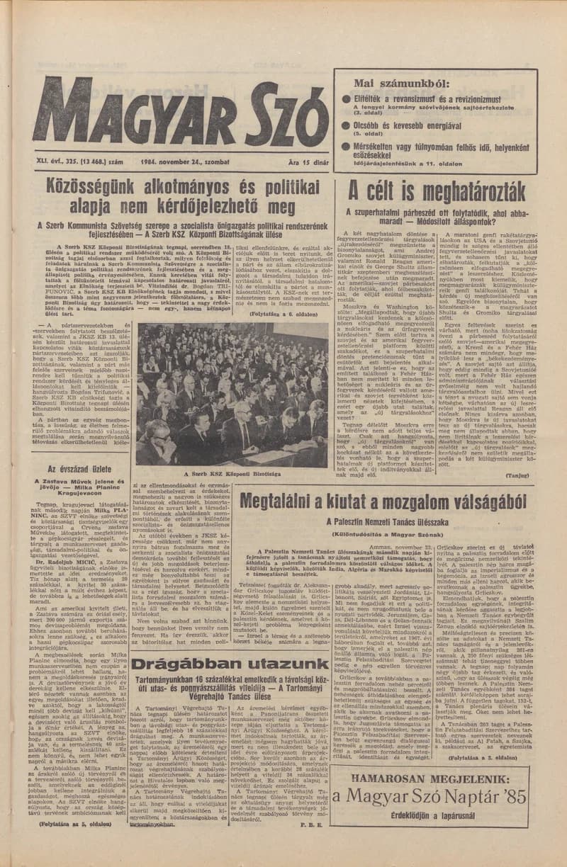 Magyar Szó, 41. évf. 1984. november 24. 325. sz. 1–24. oldal
