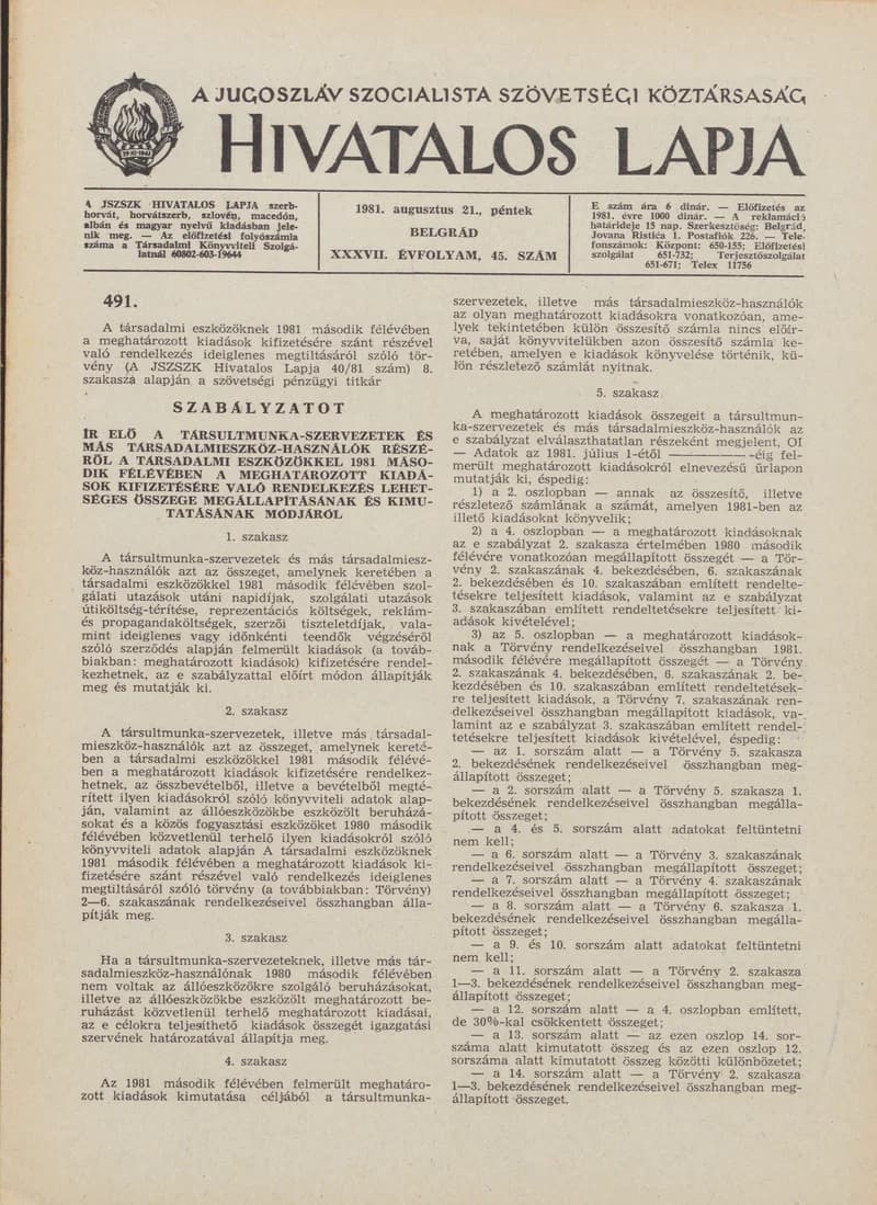 A Jugoszláv Szocialista Szövetségi Köztársaság Hivatalos Lapja, 37. évf. 1981. augusztus 21. 45. sz. 1177–1188. oldal