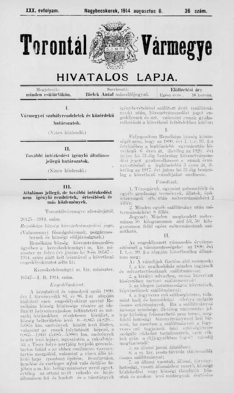 Torontál Vármegye Hivatalos Lapja, 30. évf. 1914. augusztus 6. 36. sz.