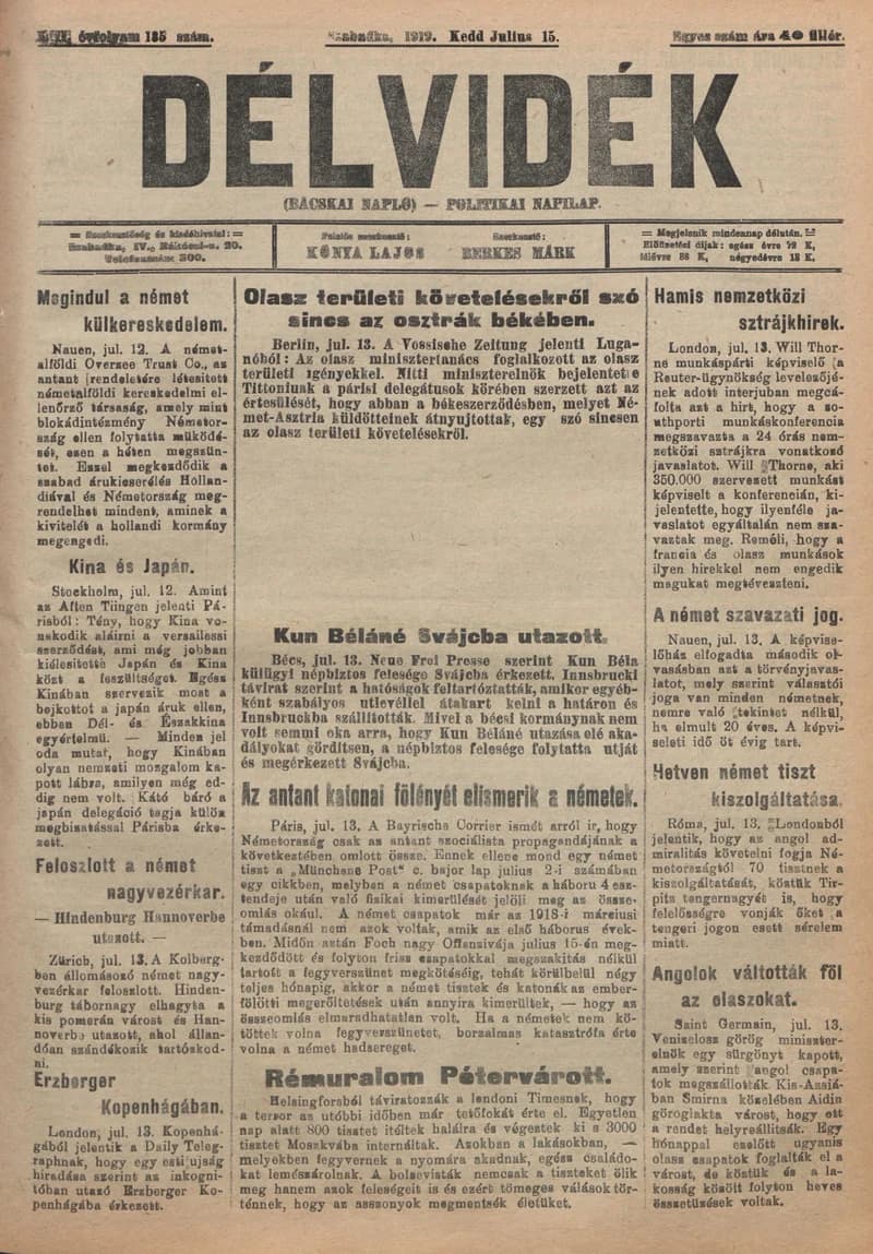 Délvidék, 13. évf. 1919. július 15. 135. sz.