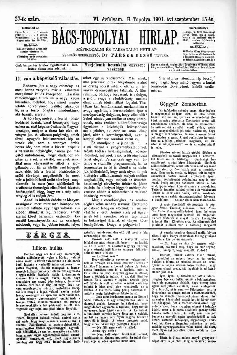 Bács-Topolyai Hirlap, 6. évf. 1901. szeptember 15. 37. sz.