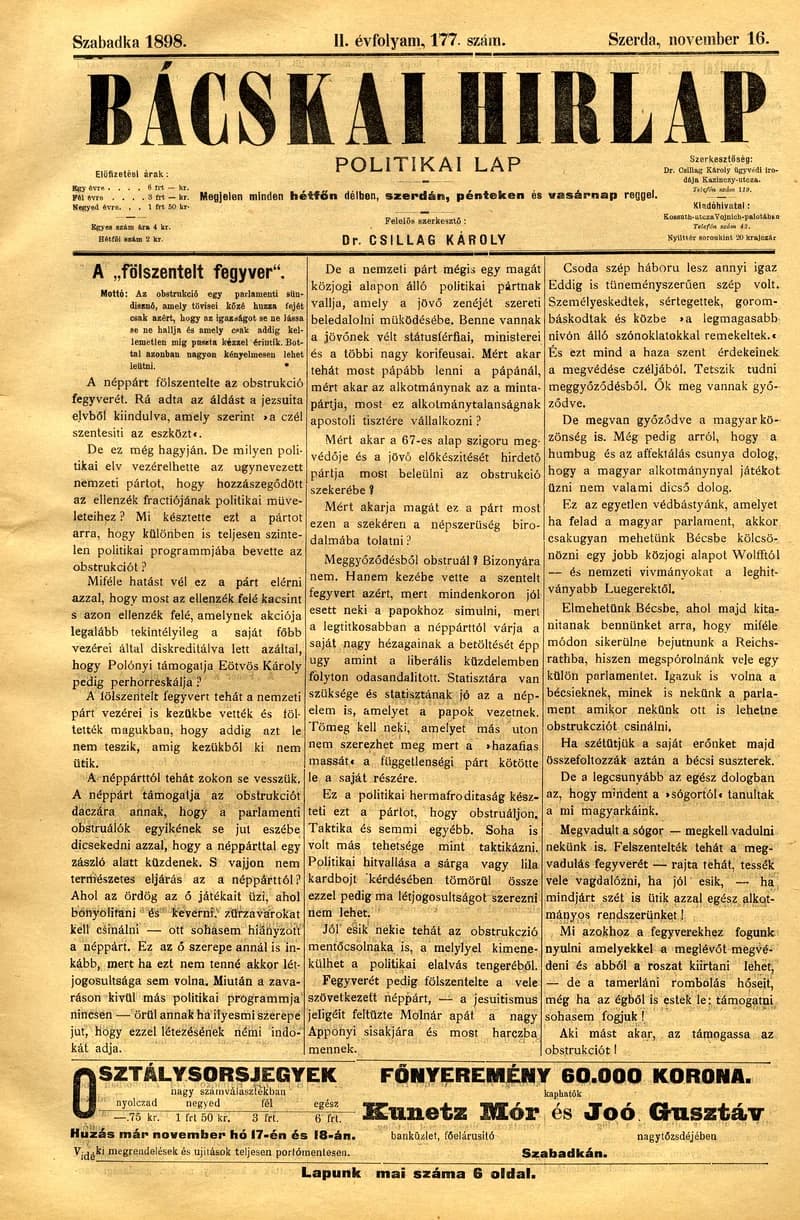Bácskai Hirlap, 2. évf. 1898. november 16. 177. sz. 1–6. oldal