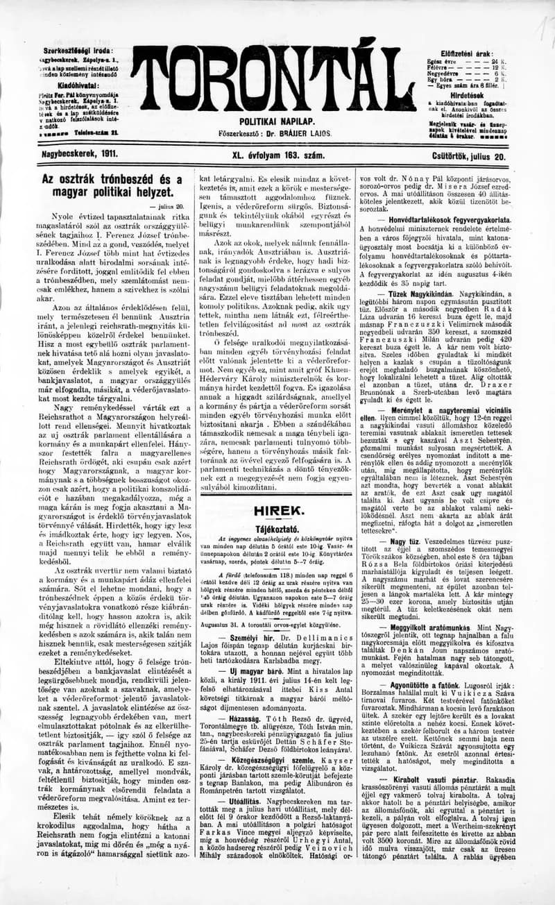 Torontál, 40. évf. 1911. július 20. 163. sz.
