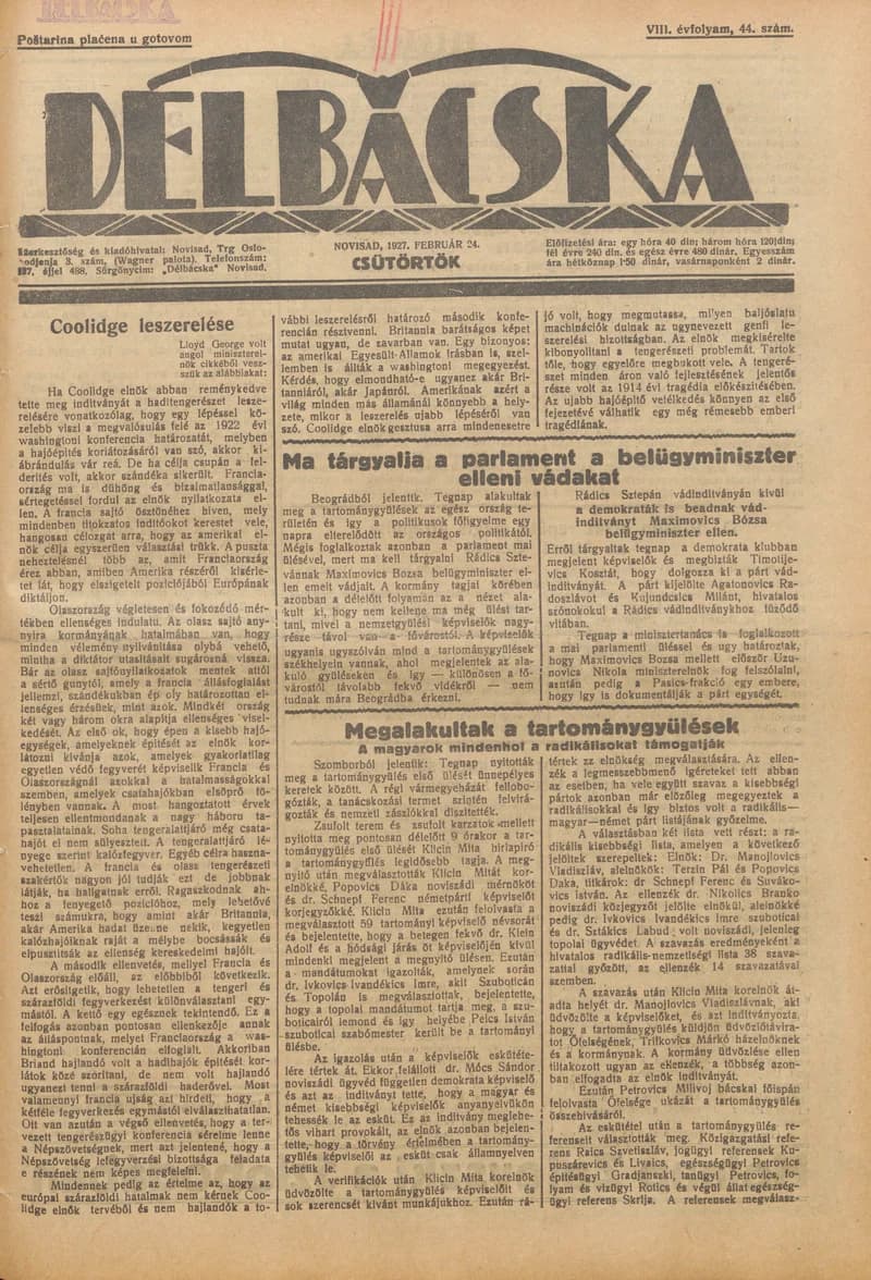 Délbácska, 8. évf. 1927. február 24. 44. sz.
