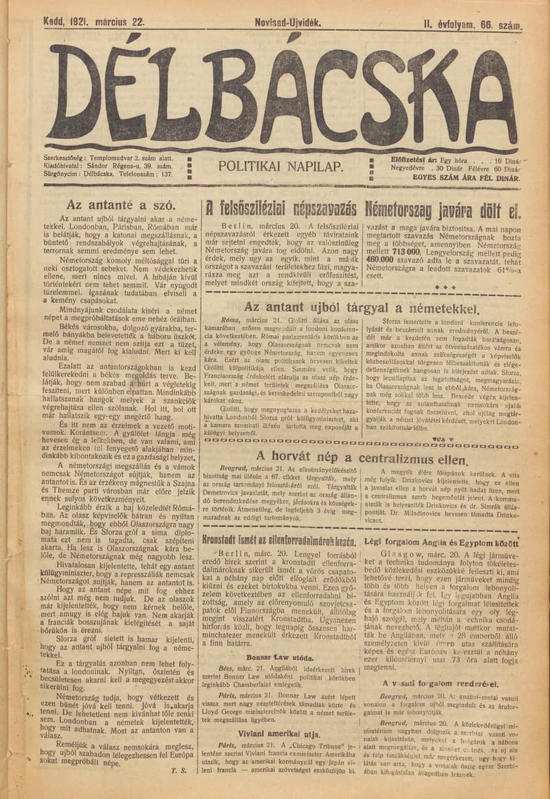 Délbácska, 2. évf. 1921. március 22. 66. sz.