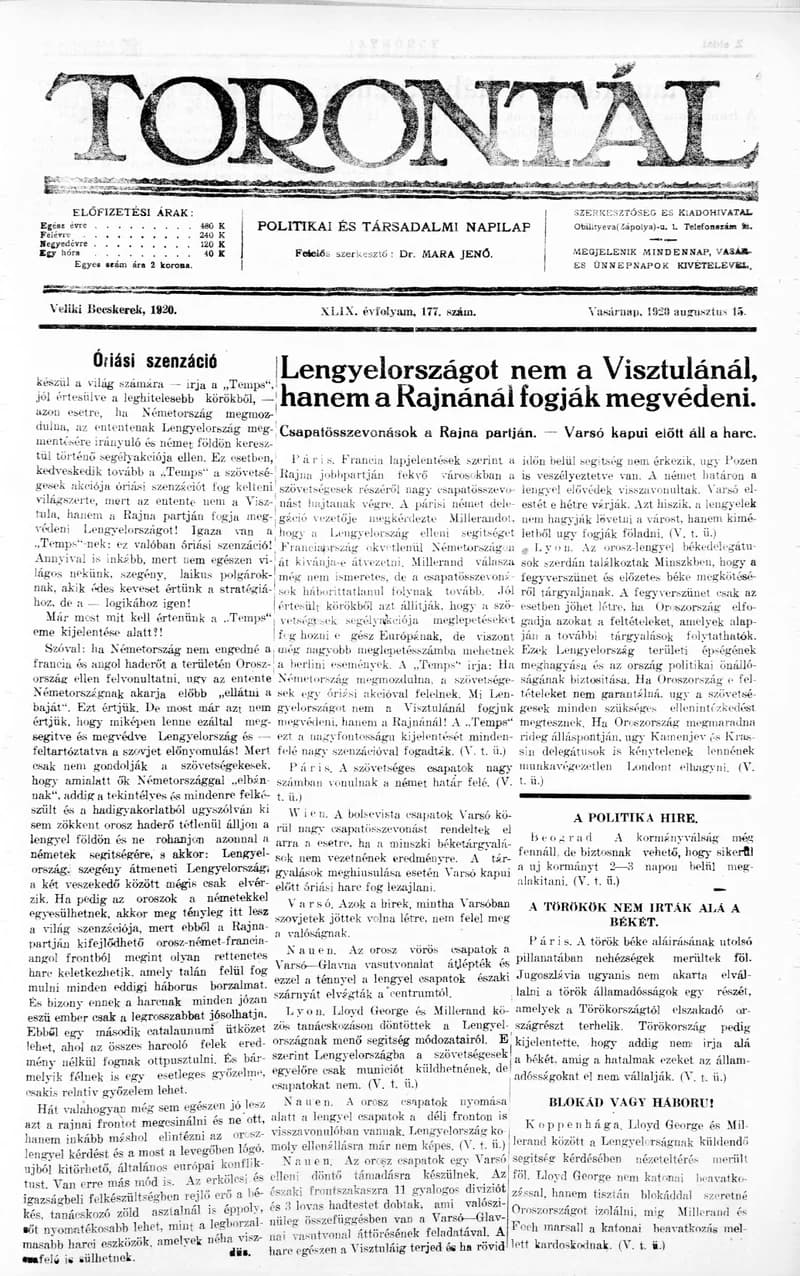 Torontál, 49. évf. 1920. augusztus 15. 177. sz.