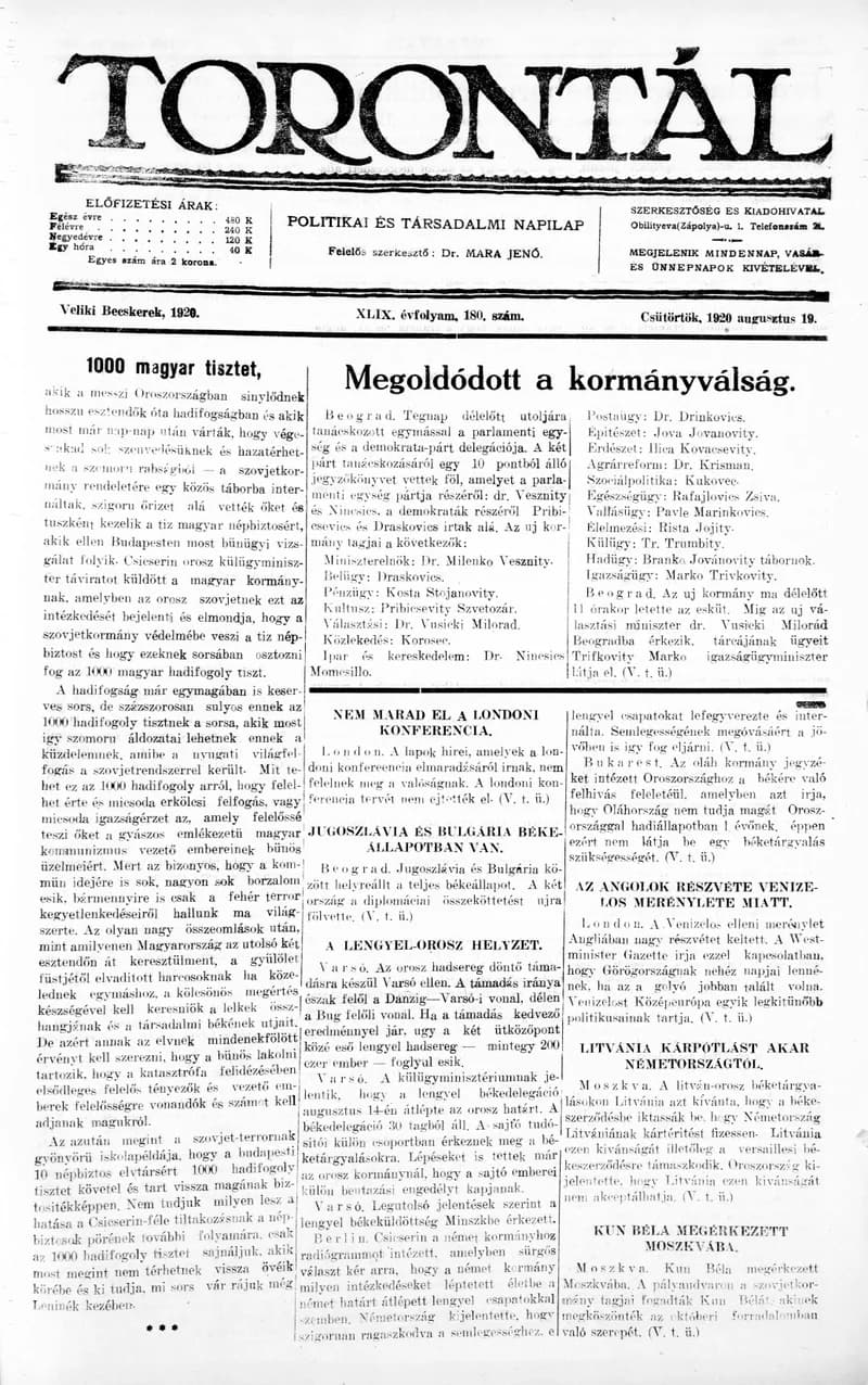 Torontál, 49. évf. 1920. augusztus 19. 180. sz.