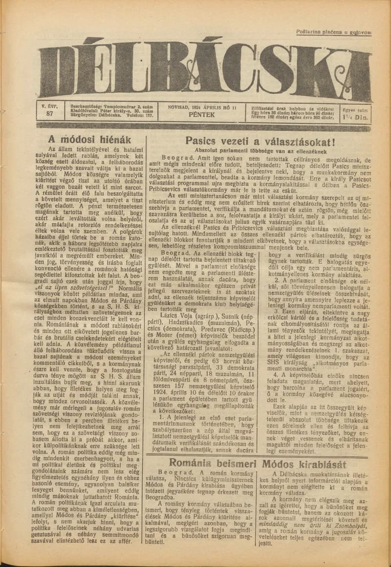 Délbácska, 5. évf. 1924. április 11. 87. sz.