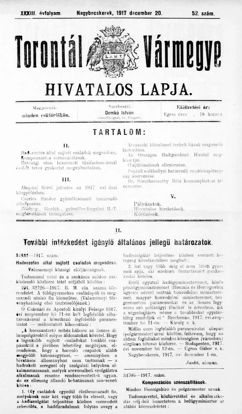 Torontál Vármegye Hivatalos Lapja, 33. évf. 1917. december 20. 52. sz.