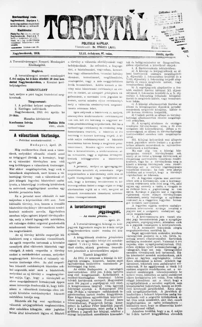 Torontál, 42. évf. 1913. április 28. 97. sz.