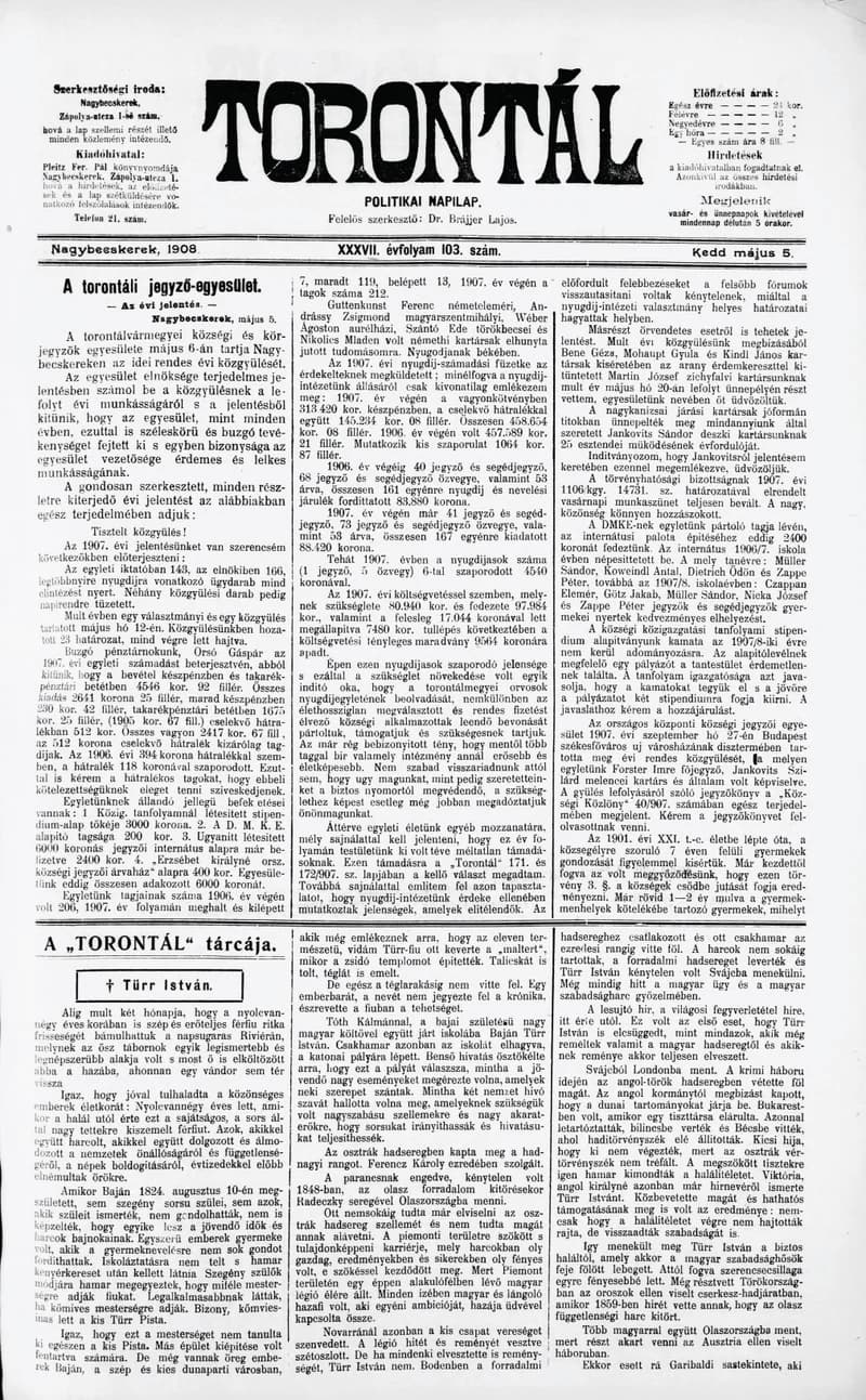 Torontál, 37. évf. 1908. május 5. 103. sz.