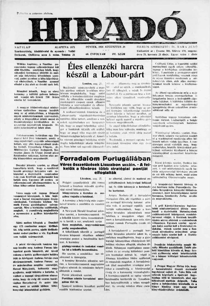 Híradó, 60. évf. 1931. augusztus 28. 197. sz.