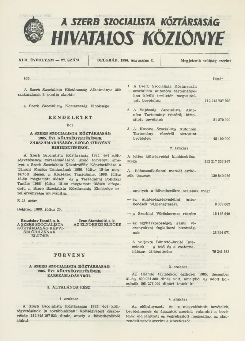 A Szerb Szocialista Köztársaság Hivatalos Közlönye, 42. évf. 1986. augusztus 2. 27. sz.