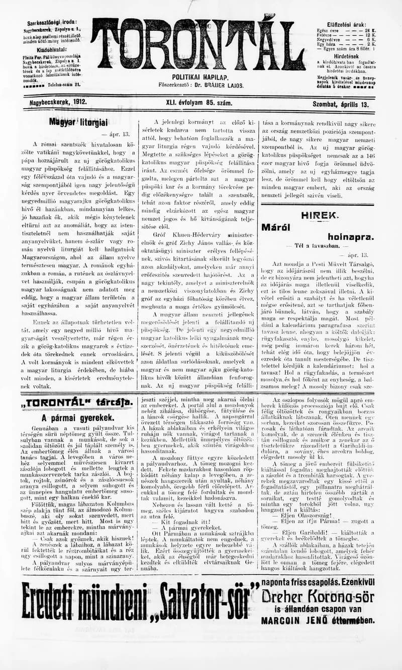 Torontál, 41. évf. 1912. április 13. 85. sz.