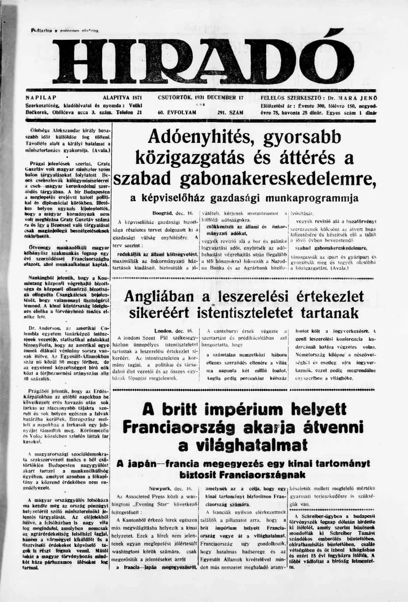 Híradó, 60. évf. 1931. december 17. 291. sz.