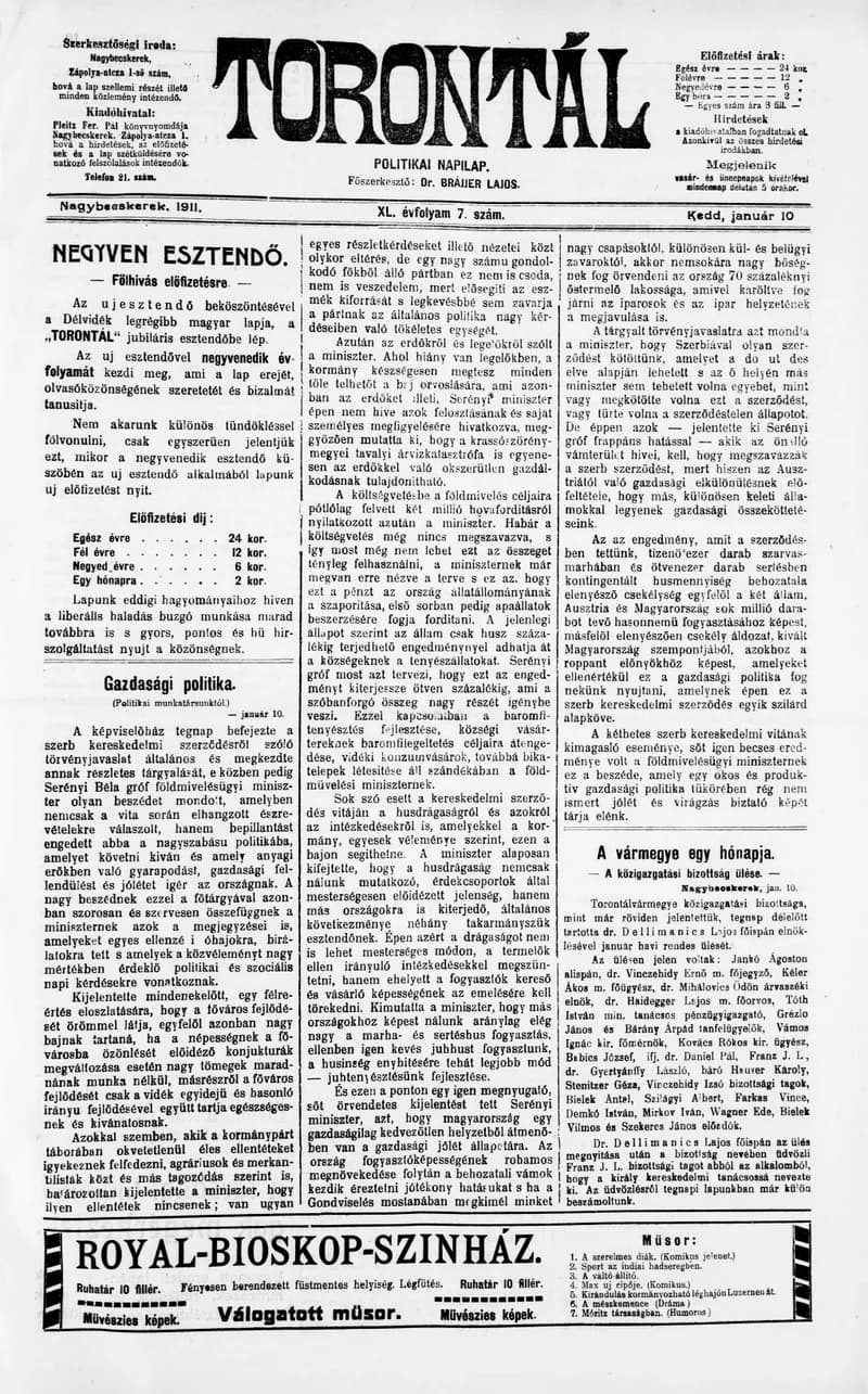 Torontál, 40. évf. 1911. január 10. 7. sz.