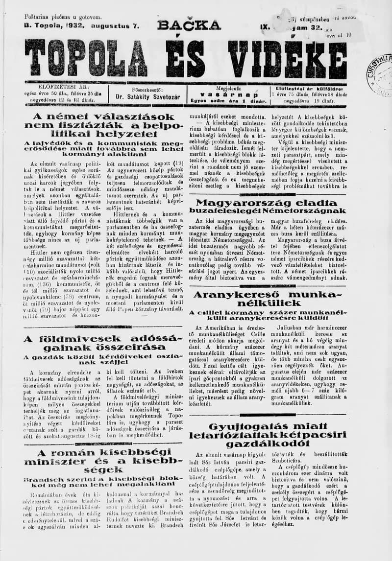 Bačka Topola és Vidéke, 9. évf. 1932. augusztus 7. 32. sz.