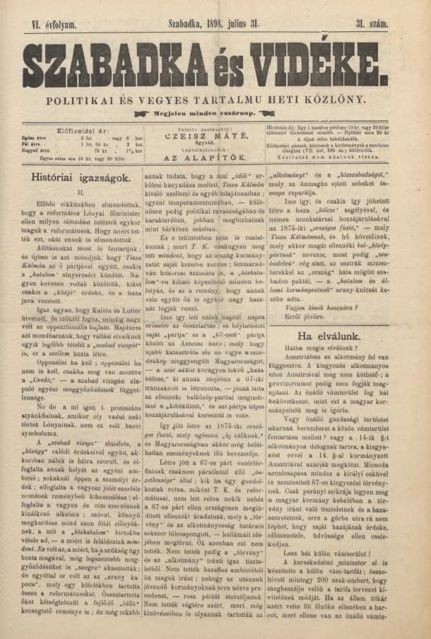 Szabadka és vidéke II, 6. évf. 1898. július 31. 31. sz.