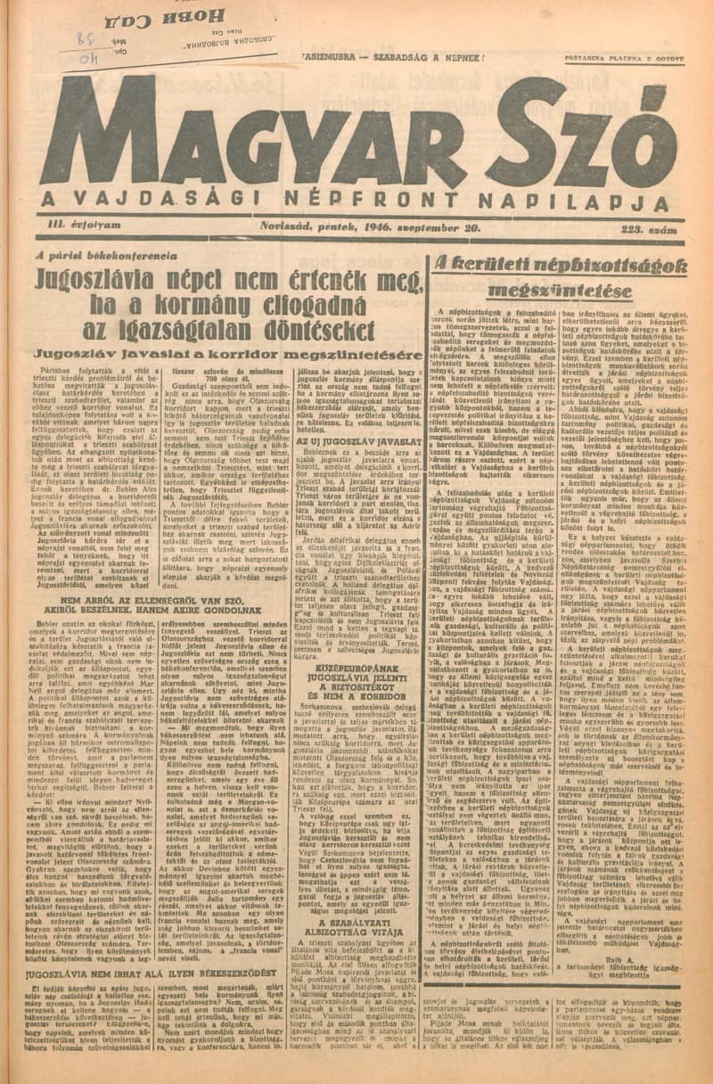 Magyar Szó, 3. évf. 1946. szeptember 20. 223. sz. 1–6. oldal