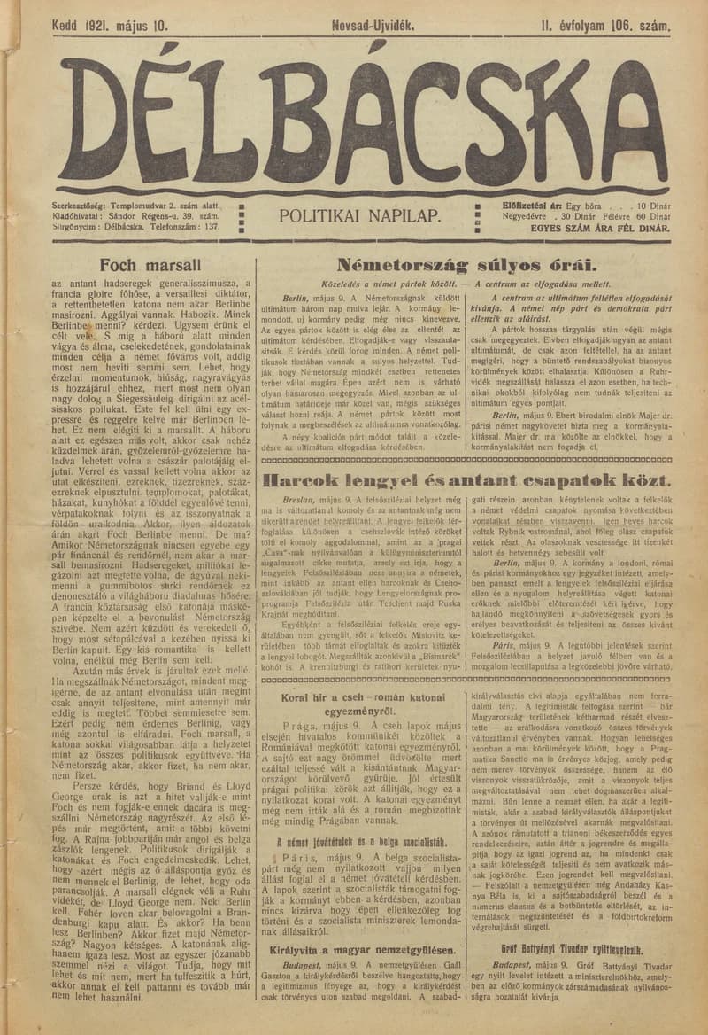 Délbácska, 2. évf. 1921. május 10. 106. sz.
