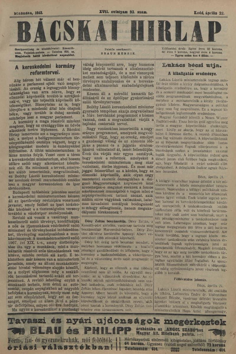 Bácskai Hirlap, 17. évf. 1913. április 22. 92. sz.
