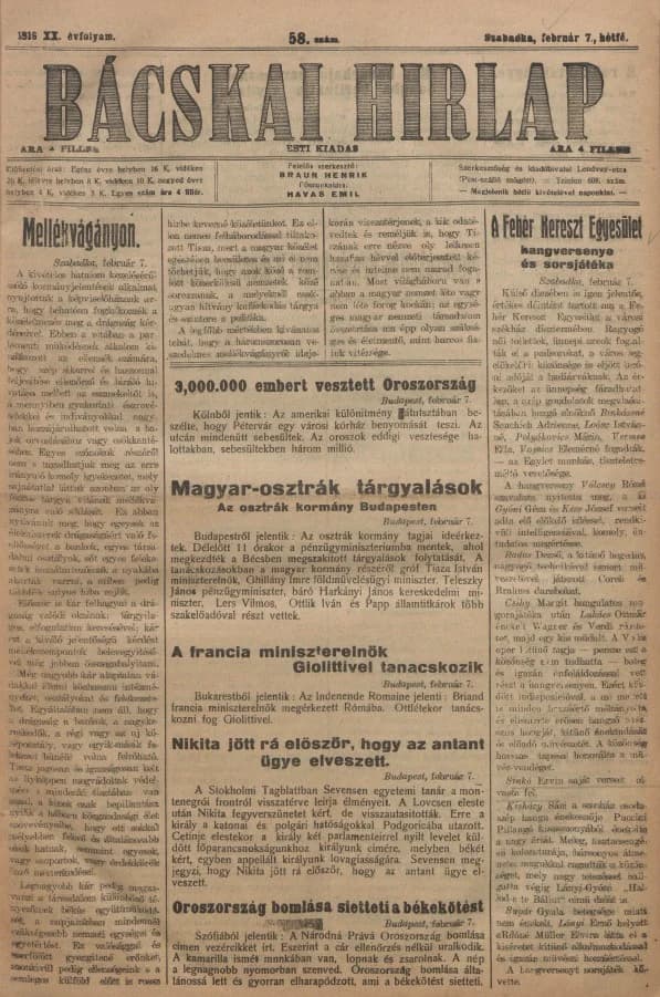 Bácskai Hirlap, 20. évf. 1916. február 7. 58. sz.