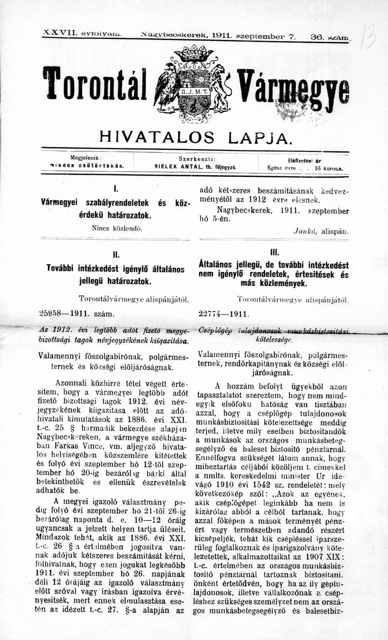 Torontál Vármegye Hivatalos Lapja, 27. évf. 1911. szeptember 7. 36. sz.