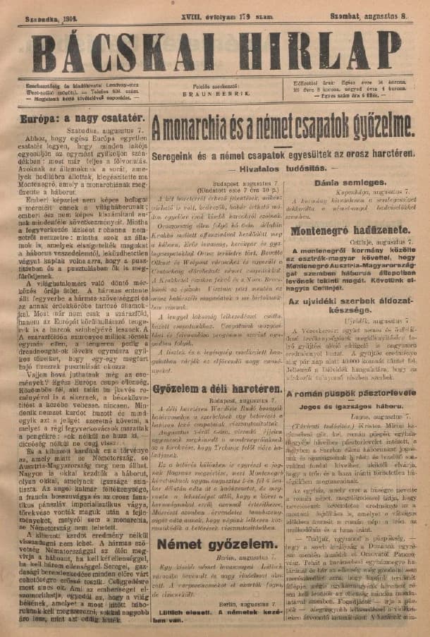 Bácskai Hirlap, 18. évf. 1914. augusztus 8. 179. sz.