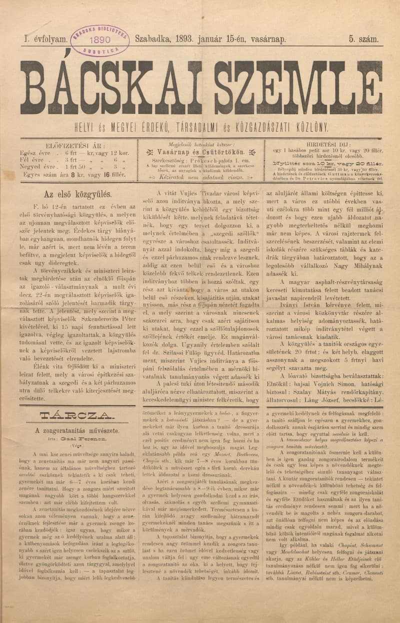 Bácskai Szemle, 1. évf. 1893. január 15. 5. sz.