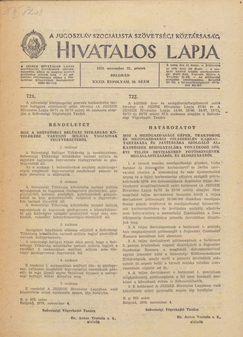 A Jugoszláv Szocialista Szövetségi Köztársaság Hivatalos Lapja, 32. évf. 1976. november 12. 50. sz. 1461–1468. oldal