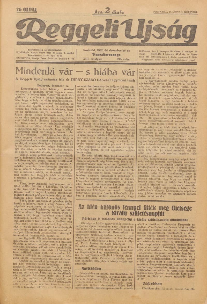 Reggeli Újság, 13. évf. 1932. december 18. 299. sz.