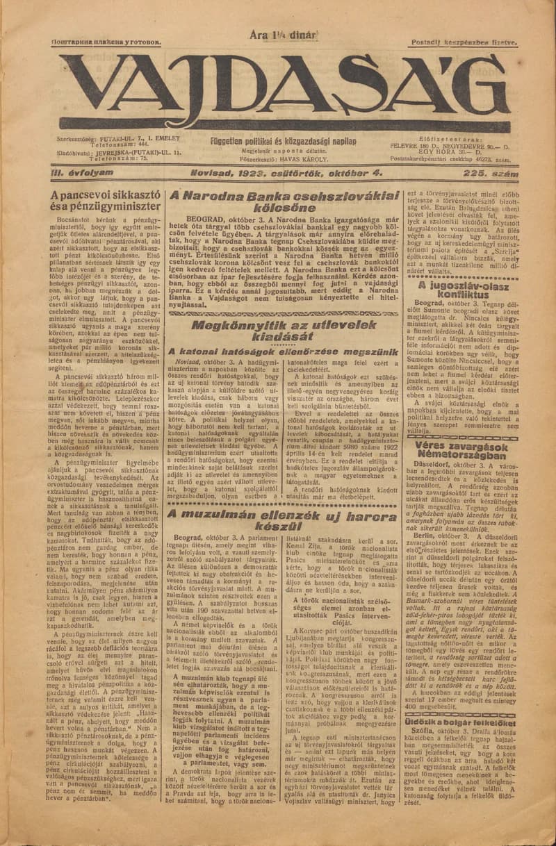 Vajdaság, 3. évf. 1923. október 4. 225. sz.