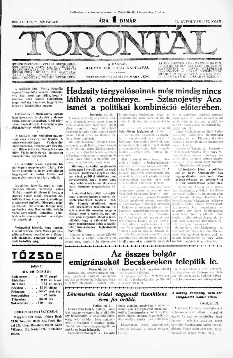 Torontál, 57. évf. 1928. július 21. 167. sz.
