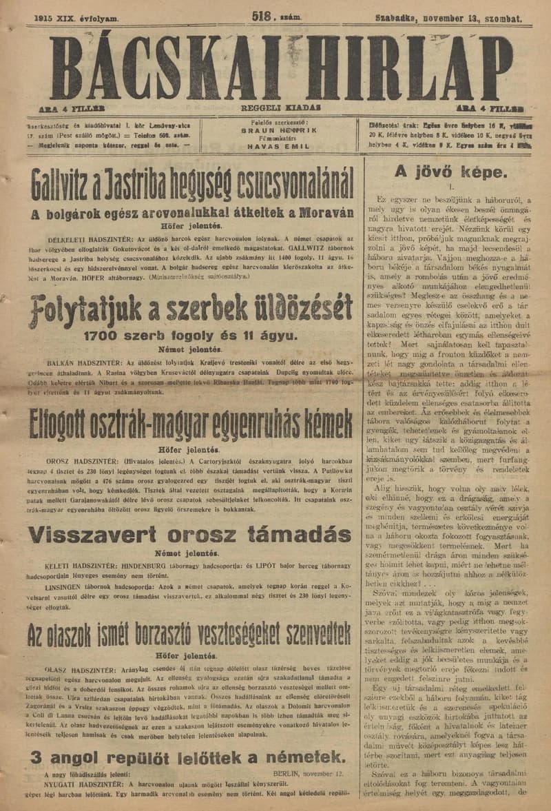 Bácskai Hirlap, 19. évf. 1915. november 13. 518. sz.