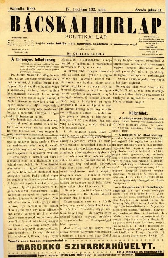 Bácskai Hirlap, 4. évf. 1900. július 11. 102. sz.