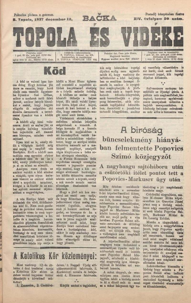 Bačka Topola és Vidéke, 14. évf. 1937. december 12. 50. sz.