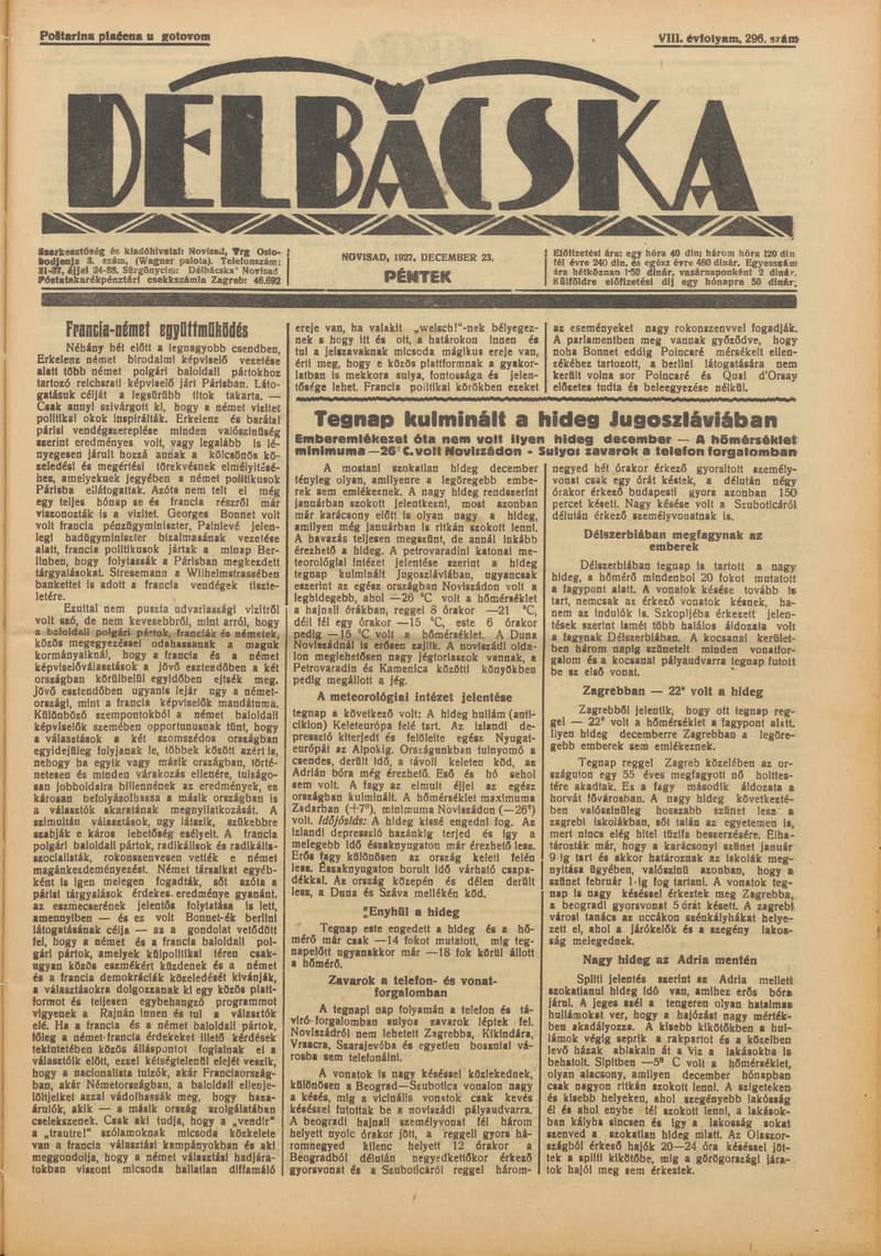 Délbácska, 8. évf. 1927. december 23. 296. sz.