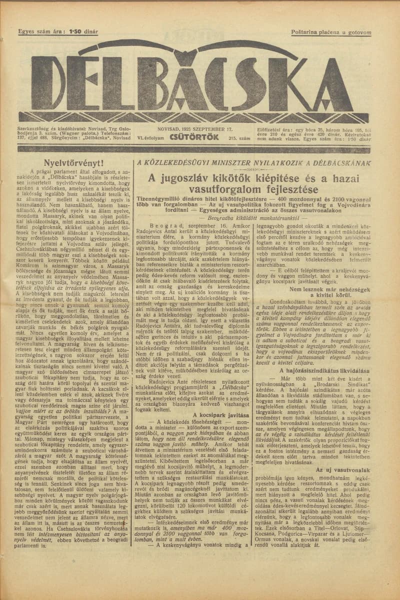 Délbácska, 6. évf. 1925. szeptember 17. 215. sz.